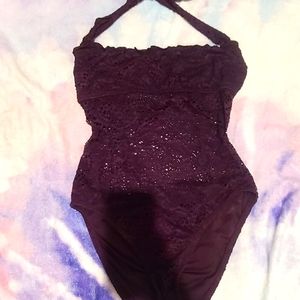 Womens One Piece Purple Halter Lace Swimsuit (M)
